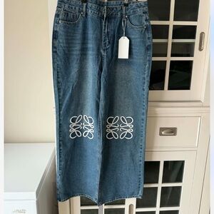 LAST ONE! Wide Leg Blue Jeans with White Embroidery